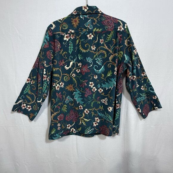 Susan Graver Style Teal Floral 3/4 Sleeve Button Up Shirt Blouse Women's L - Picture 2 of 9